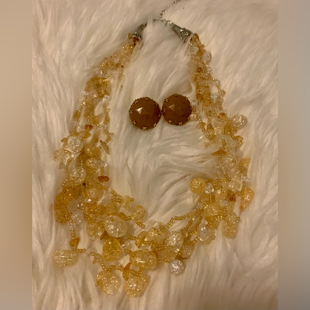 Necklace Clip Earrings Set Cookie Lee 4 Strand Crackle Yellow Clear White Beads
